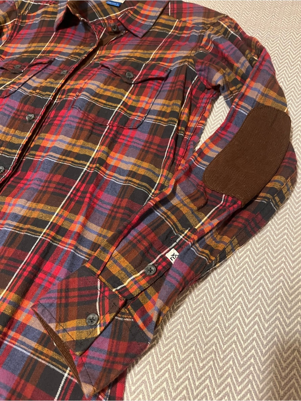 Kavu Vibrant Plaid Button-Front Flannel Shirt Dress with Corduroy Elbow Patches. - Picture 5 of 8